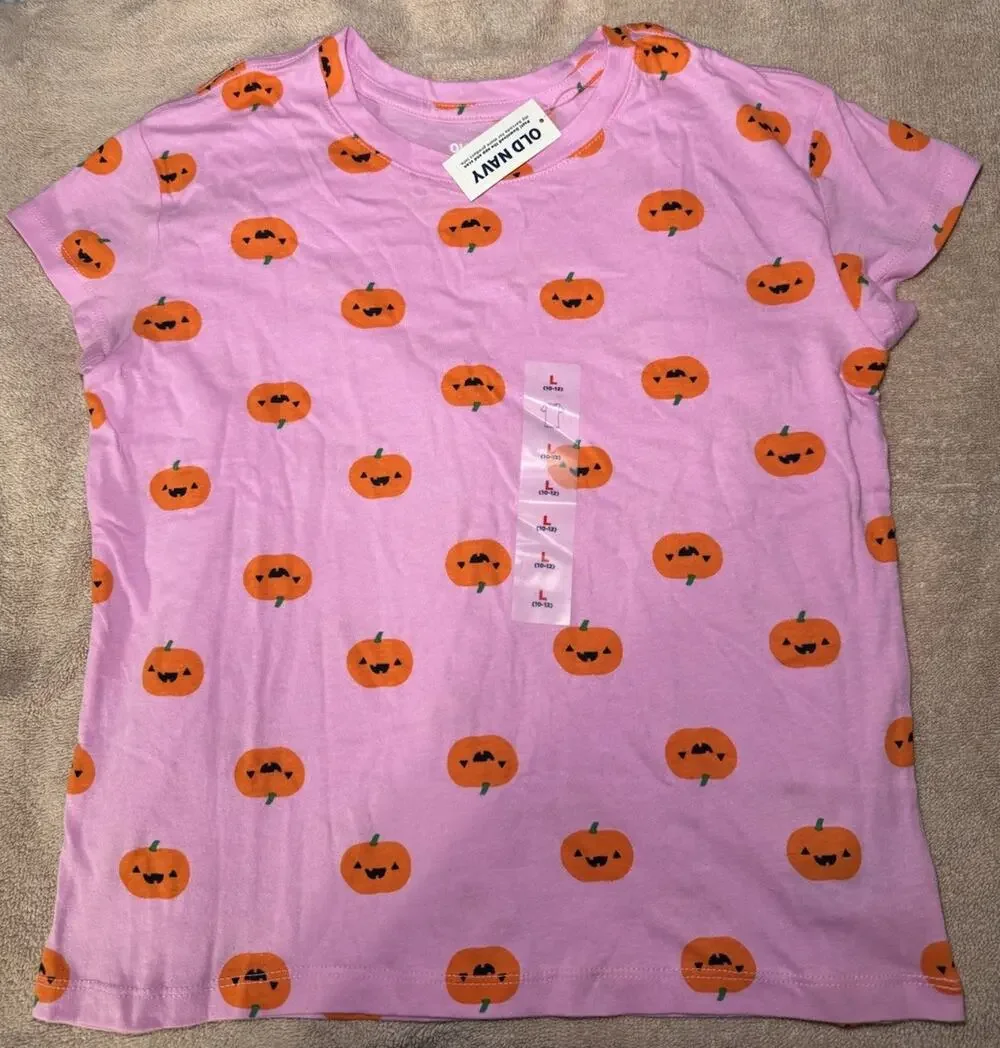 Old Navy Girls Large (10-12) Short Sleeve T-Shirt Pink W/Pumpkin Faces NWT NEW